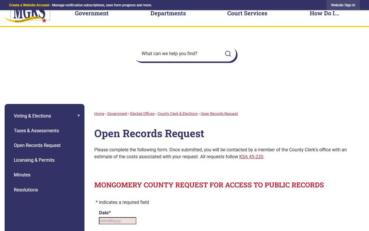 Montgomery County Clerk of the District Court records access and county open records page