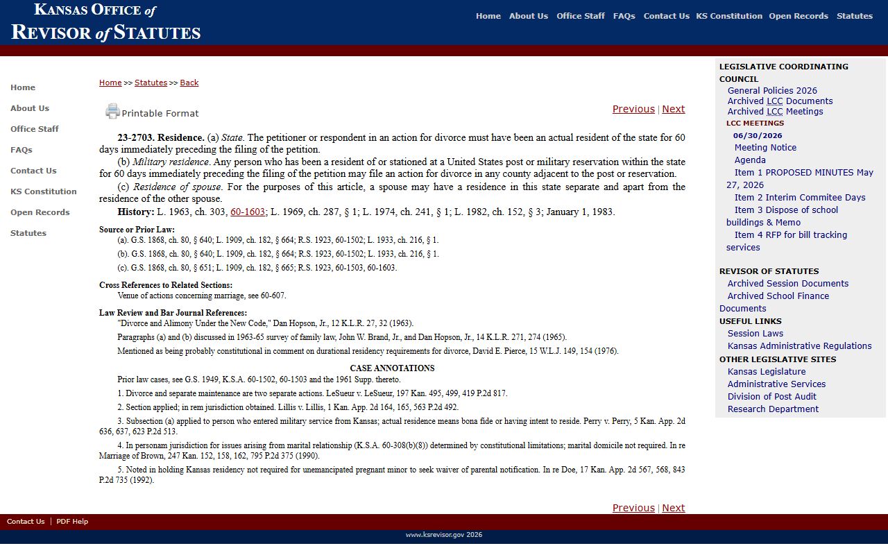 Montgomery County divorce records Kansas statute page for divorce residency requirement