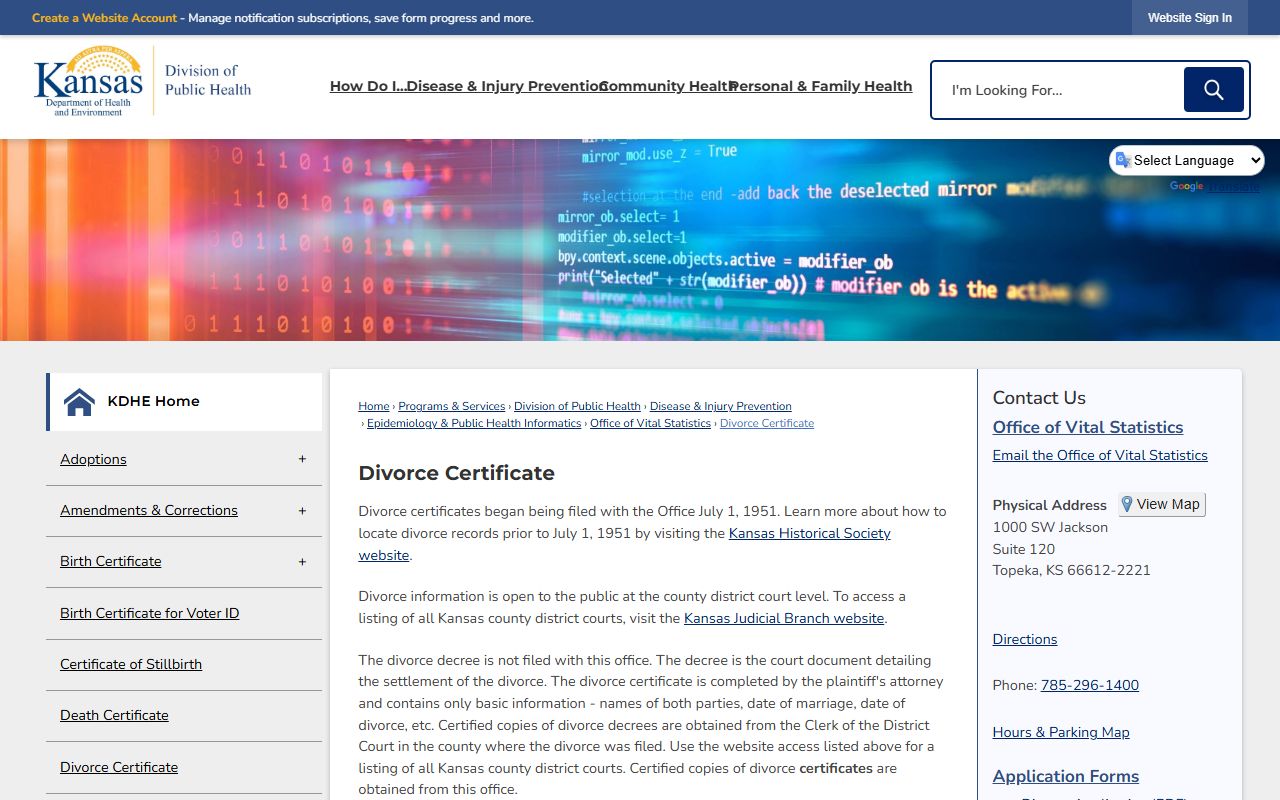 Montgomery County divorce records KDHE divorce certificate page with certified copy cost